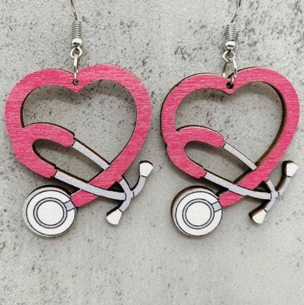 Nurse/Doctor Womens Colorful Stethoscope and Heart‎ Wooden Dangle Earrings